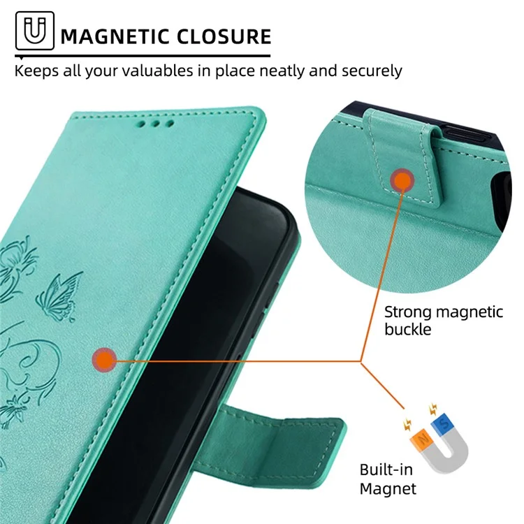 Para Samsung Galaxy S23 FE Case Butterfly Flower Imprinted Leather Phone Cover com Alça de Pulso - Verde