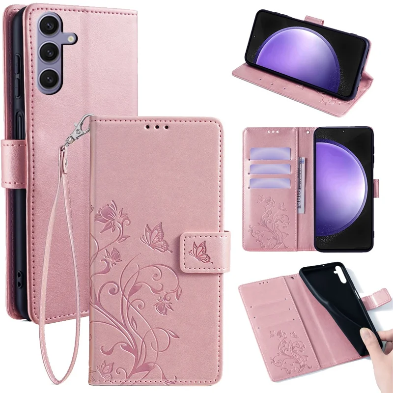 For Samsung Galaxy S23 FE Case Butterfly Flower Imprinted Leather Phone Cover with Wrist Strap - Rose Gold