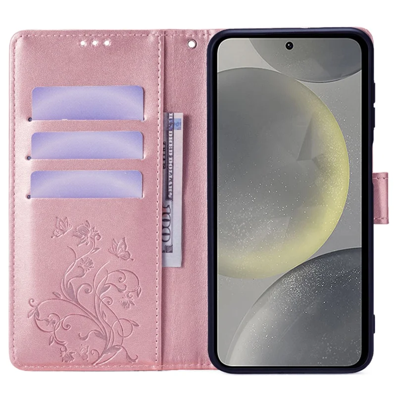 For Samsung Galaxy S23 FE Case Butterfly Flower Imprinted Leather Phone Cover with Wrist Strap - Rose Gold