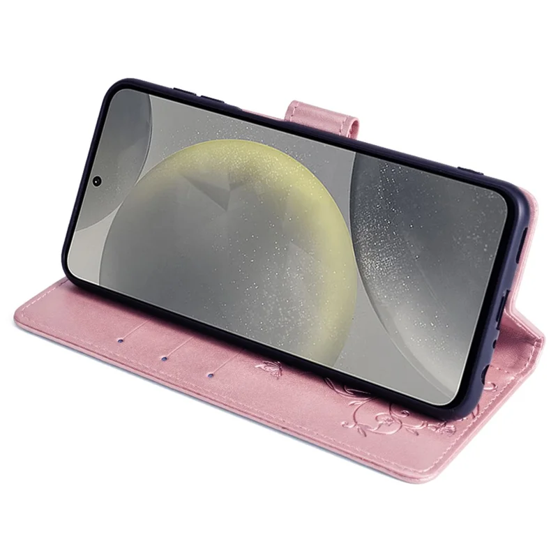 For Samsung Galaxy S23 FE Case Butterfly Flower Imprinted Leather Phone Cover with Wrist Strap - Rose Gold