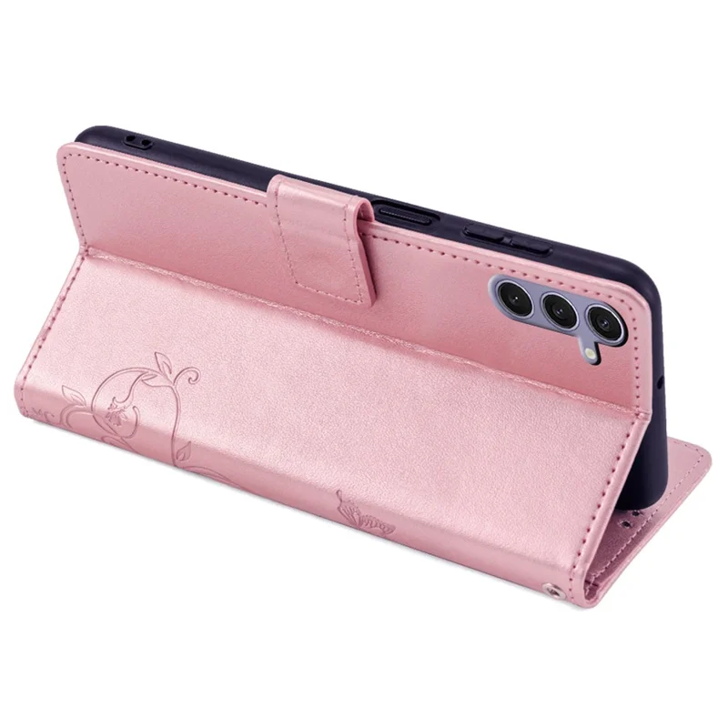 For Samsung Galaxy S23 FE Case Butterfly Flower Imprinted Leather Phone Cover with Wrist Strap - Rose Gold