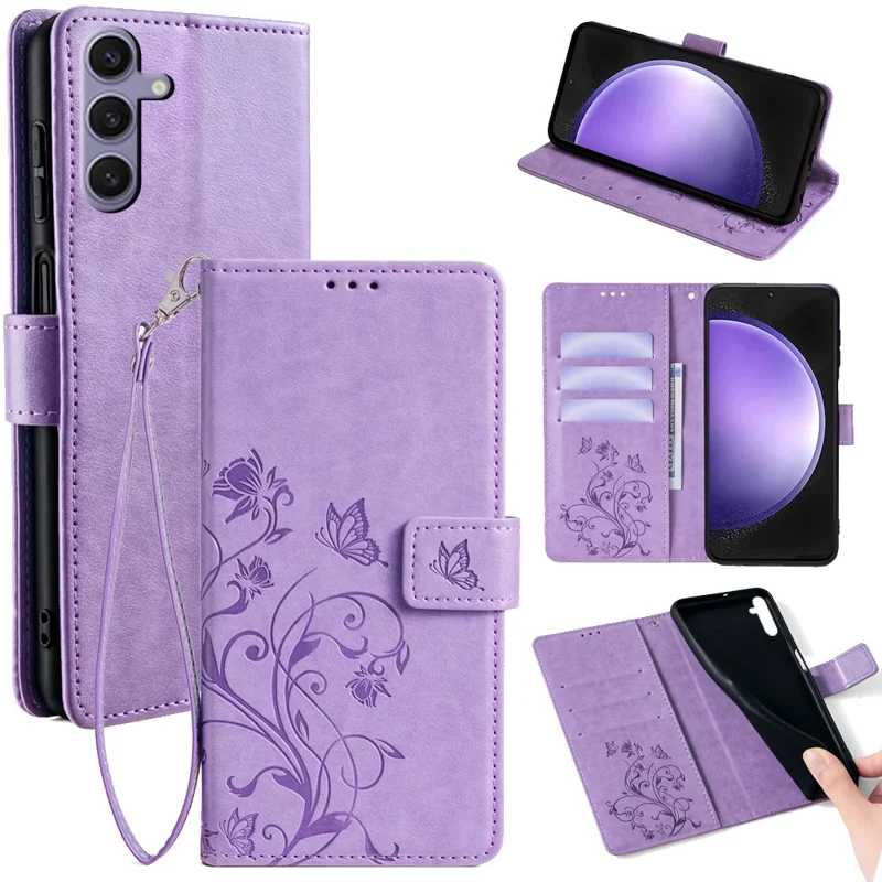 For Samsung Galaxy S23 FE Case Butterfly Flower Imprinted Leather Phone Cover with Wrist Strap - Purple