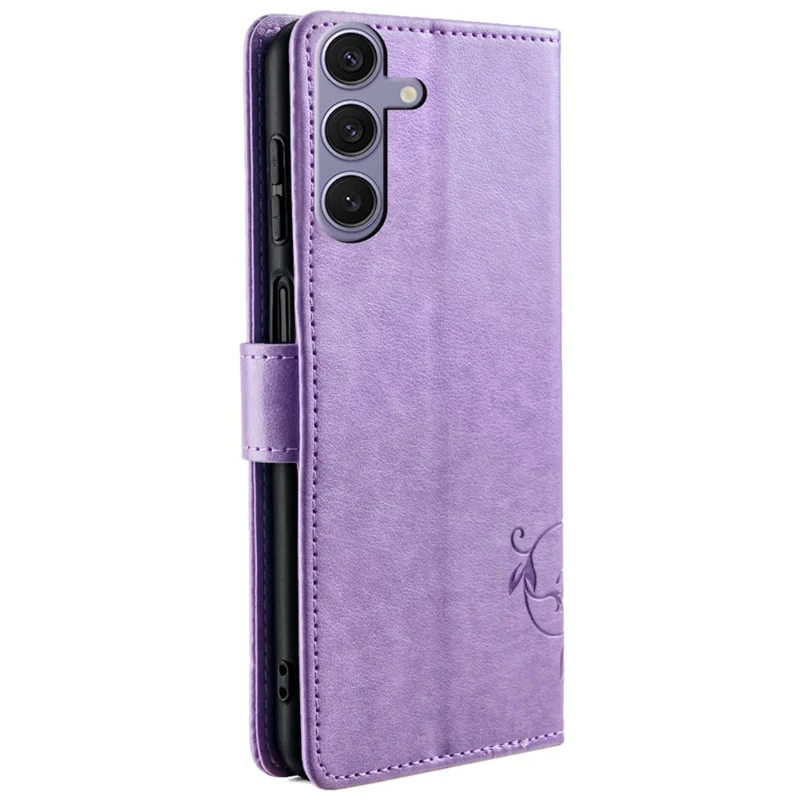 For Samsung Galaxy S23 FE Case Butterfly Flower Imprinted Leather Phone Cover with Wrist Strap - Purple