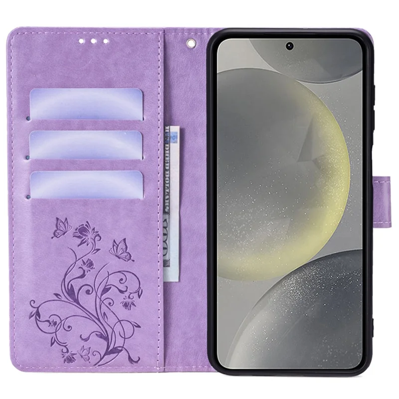 For Samsung Galaxy S23 FE Case Butterfly Flower Imprinted Leather Phone Cover with Wrist Strap - Purple