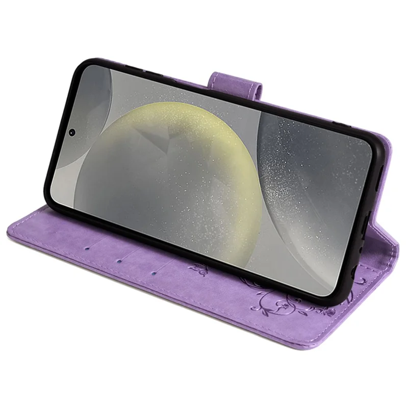 For Samsung Galaxy S23 FE Case Butterfly Flower Imprinted Leather Phone Cover with Wrist Strap - Purple