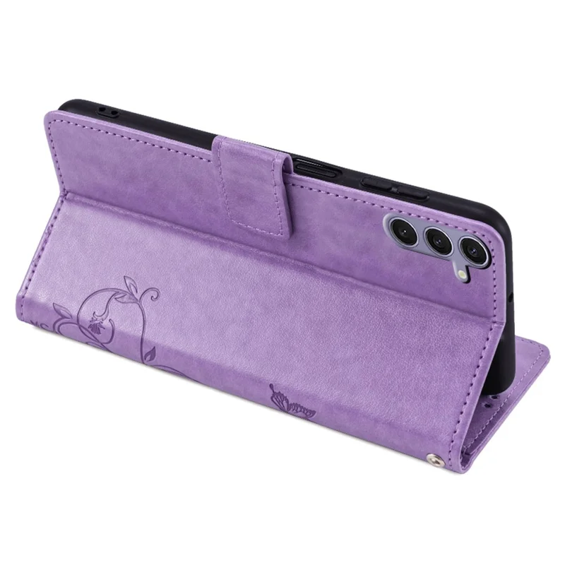 For Samsung Galaxy S23 FE Case Butterfly Flower Imprinted Leather Phone Cover with Wrist Strap - Purple