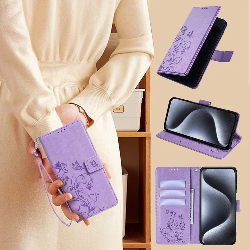 For Samsung Galaxy S23 FE Case Butterfly Flower Imprinted Leather Phone Cover with Wrist Strap - Purple
