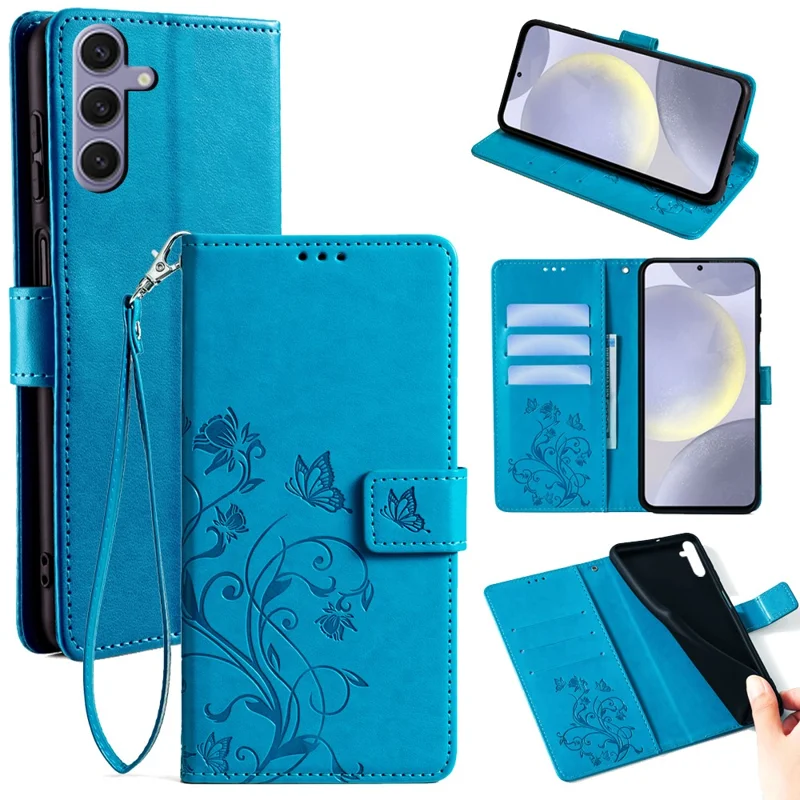 For Samsung Galaxy S24 Case PU Leather Wallet Cover Butterfly Flower Imprinted Shockproof Phone Shell - Blue