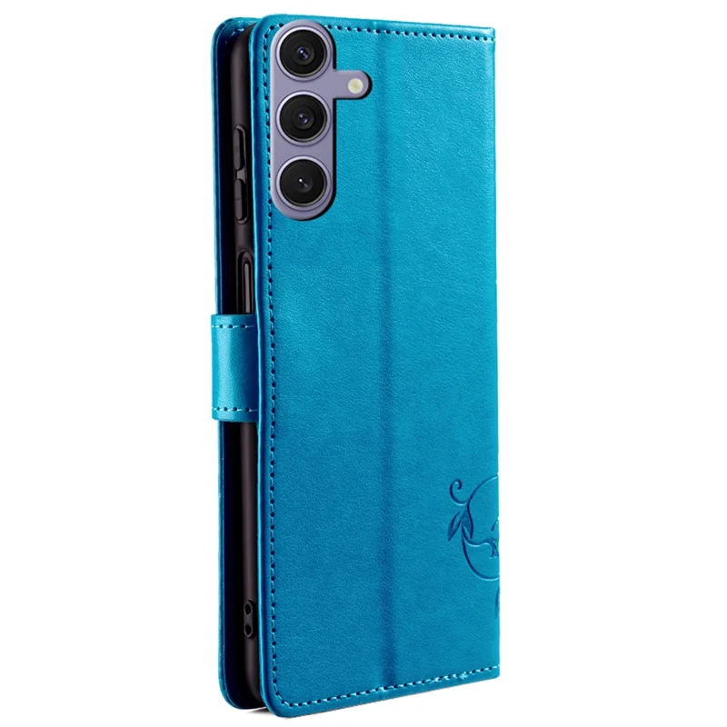 For Samsung Galaxy S24 Case PU Leather Wallet Cover Butterfly Flower Imprinted Shockproof Phone Shell - Blue