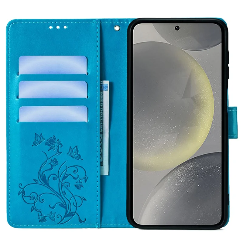 For Samsung Galaxy S24 Case PU Leather Wallet Cover Butterfly Flower Imprinted Shockproof Phone Shell - Blue
