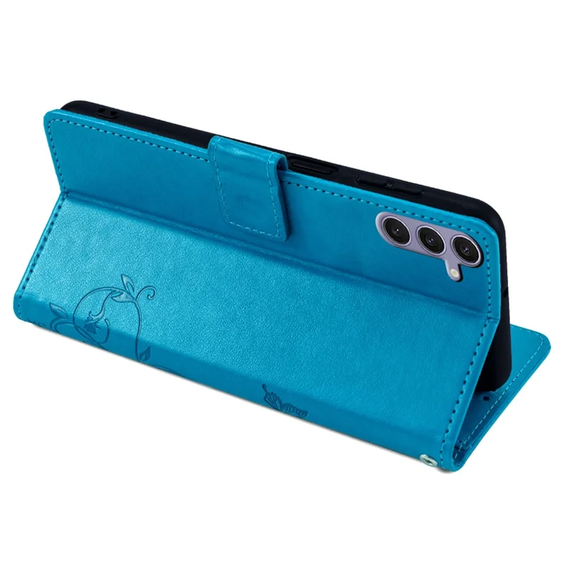 For Samsung Galaxy S24 Case PU Leather Wallet Cover Butterfly Flower Imprinted Shockproof Phone Shell - Blue