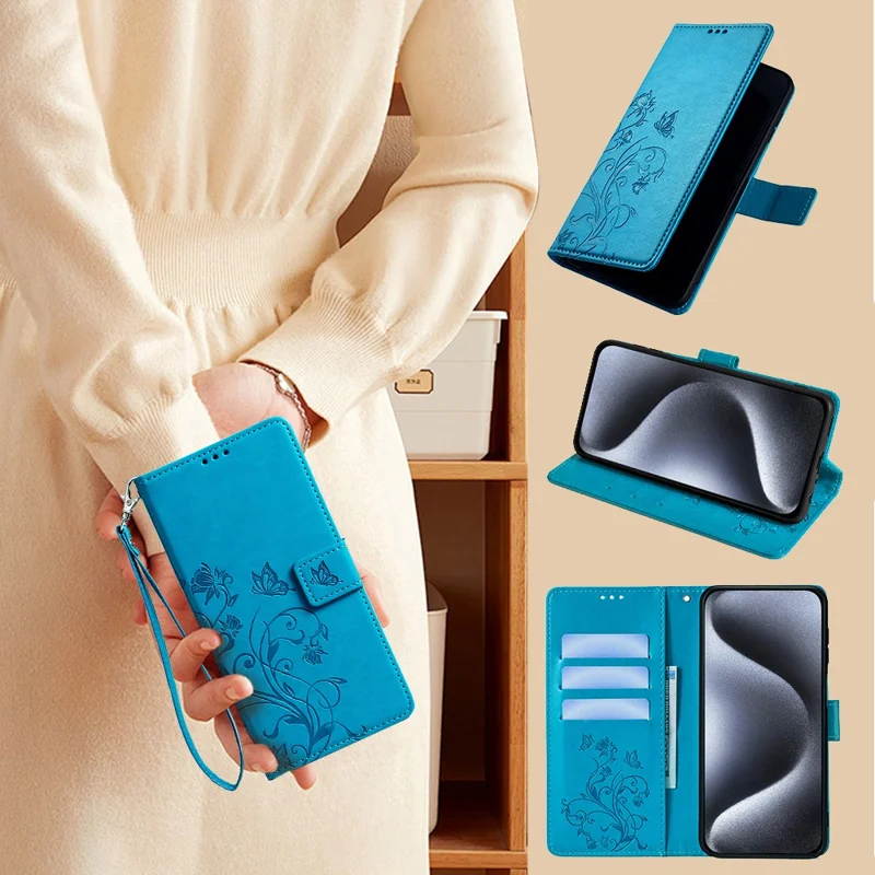 For Samsung Galaxy S24 Case PU Leather Wallet Cover Butterfly Flower Imprinted Shockproof Phone Shell - Blue