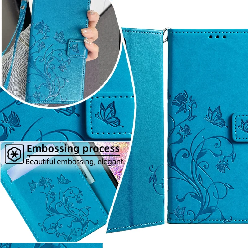 For Samsung Galaxy S24 Case PU Leather Wallet Cover Butterfly Flower Imprinted Shockproof Phone Shell - Blue