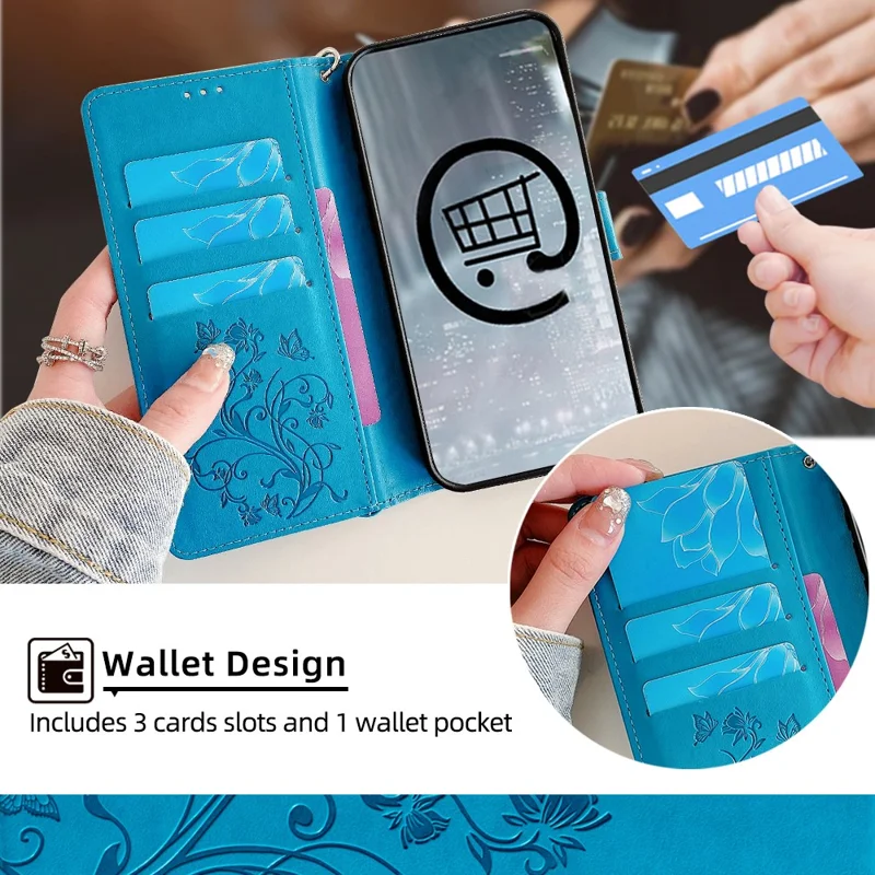 For Samsung Galaxy S24 Case PU Leather Wallet Cover Butterfly Flower Imprinted Shockproof Phone Shell - Blue