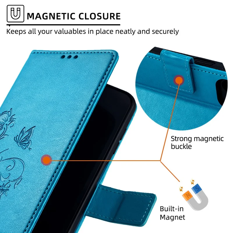 For Samsung Galaxy S24 Case PU Leather Wallet Cover Butterfly Flower Imprinted Shockproof Phone Shell - Blue