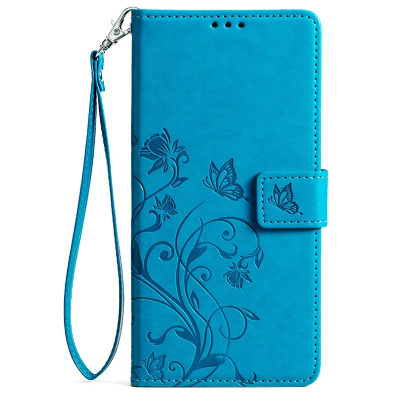 For Samsung Galaxy S24 Case PU Leather Wallet Cover Butterfly Flower Imprinted Shockproof Phone Shell - Blue