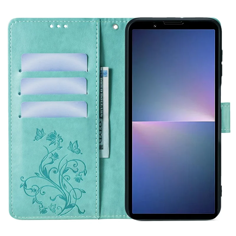 For Sony Xperia 5 V Mobile Phone Case   Butterfly Flower Folding Stand Leather Cover - Green