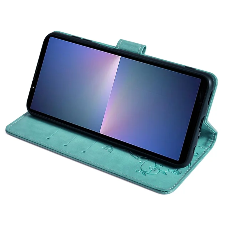 For Sony Xperia 5 V Mobile Phone Case   Butterfly Flower Folding Stand Leather Cover - Green
