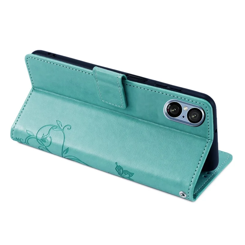 For Sony Xperia 5 V Mobile Phone Case   Butterfly Flower Folding Stand Leather Cover - Green