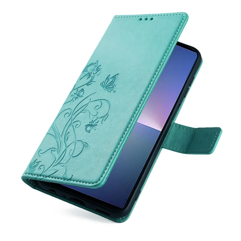 For Sony Xperia 5 V Mobile Phone Case   Butterfly Flower Folding Stand Leather Cover - Green