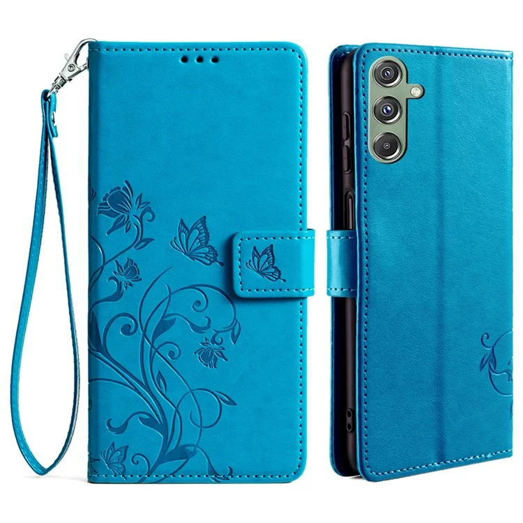 For Samsung Galaxy M34 5G / F34 5G Case PU Leather Card Slots Holder Pocket Butterfly Flower Phone Cover - Blue