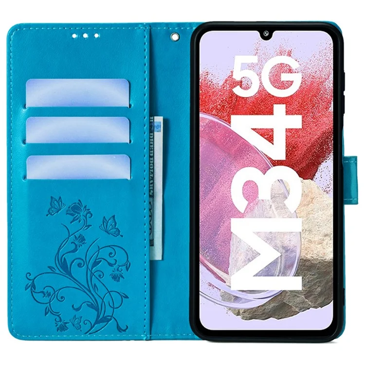 For Samsung Galaxy M34 5G / F34 5G Case PU Leather Card Slots Holder Pocket Butterfly Flower Phone Cover - Blue