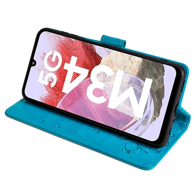 For Samsung Galaxy M34 5G / F34 5G Case PU Leather Card Slots Holder Pocket Butterfly Flower Phone Cover - Blue