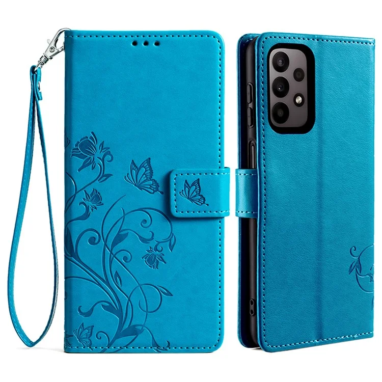 For Samsung Galaxy A23 4G / A23 5G (Global Version) Butterfly Flower Case PU Leather Phone Cover - Blue