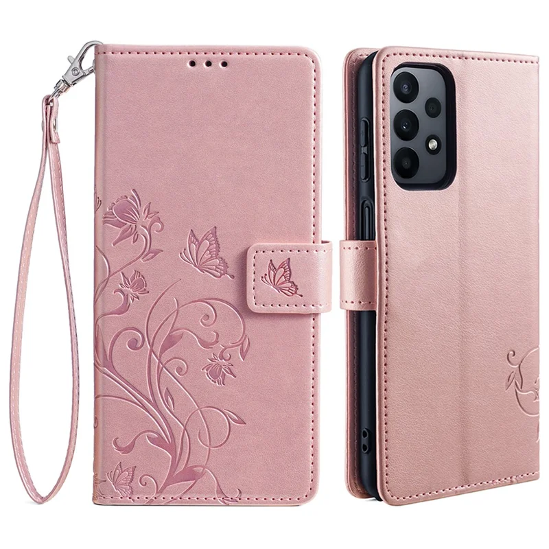 For Samsung Galaxy A23 4G / A23 5G (Global Version) Butterfly Flower Case PU Leather Phone Cover - Rose Gold