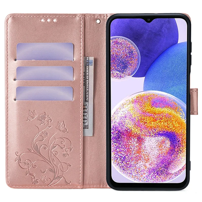 For Samsung Galaxy A23 4G / A23 5G (Global Version) Butterfly Flower Case PU Leather Phone Cover - Rose Gold
