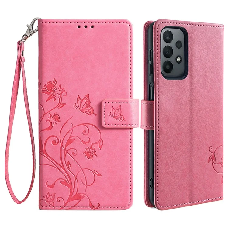 For Samsung Galaxy A23 4G / A23 5G (Global Version) Butterfly Flower Case PU Leather Phone Cover - Pink