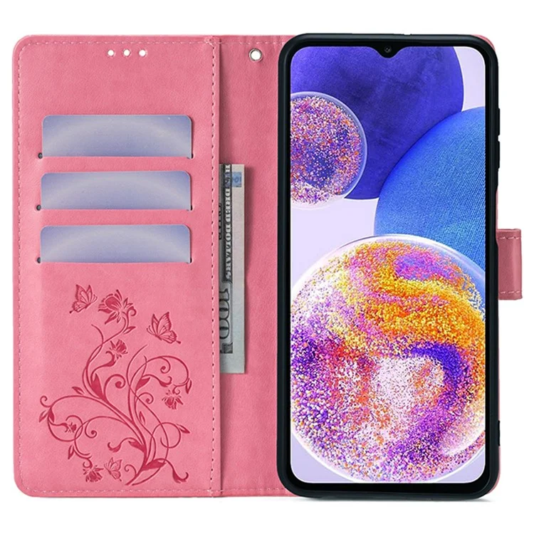 For Samsung Galaxy A23 4G / A23 5G (Global Version) Butterfly Flower Case PU Leather Phone Cover - Pink