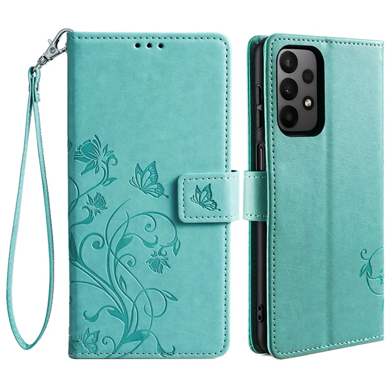 Para Samsung Galaxy A23 4G / A23 5G (Versión Global) Funda con Mariposa y Flores de Cuero PU Teléfono Cubierta - Verde
