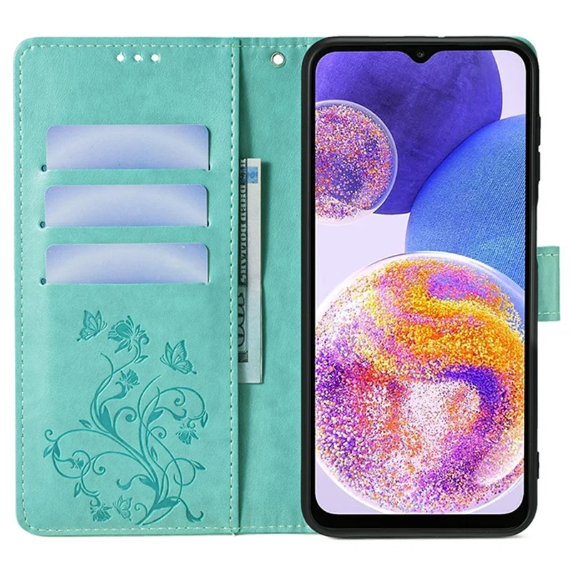 Para Samsung Galaxy A23 4G / A23 5G (Versión Global) Funda con Mariposa y Flores de Cuero PU Teléfono Cubierta - Verde