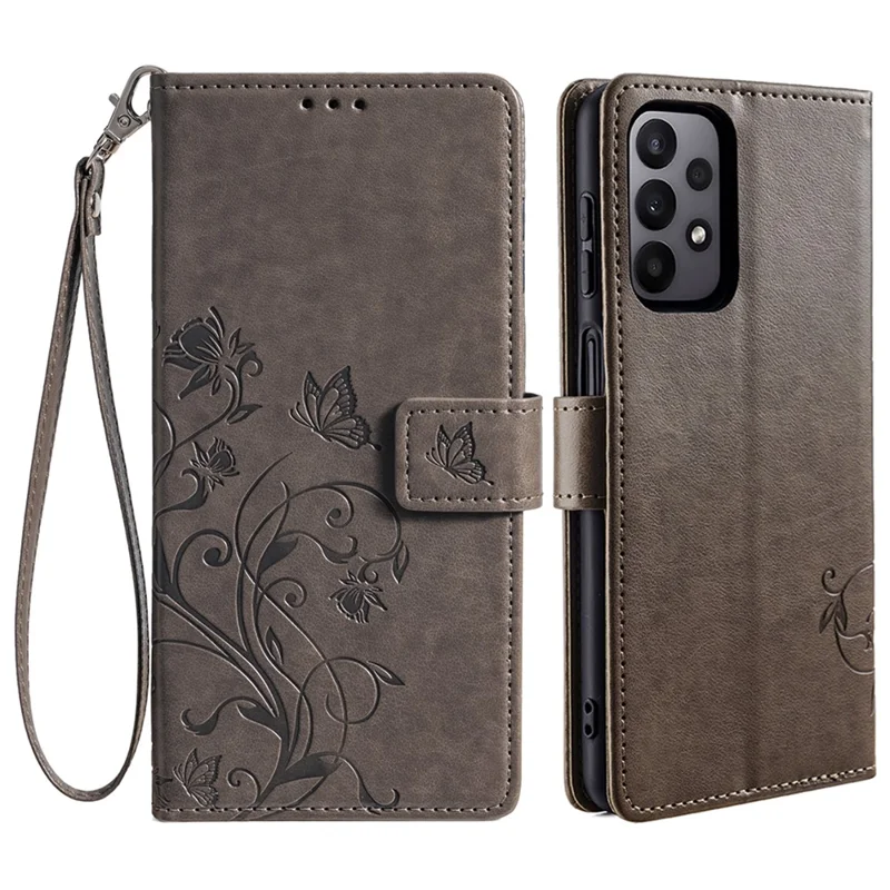 For Samsung Galaxy A23 4G / A23 5G (Global Version) Butterfly Flower Case PU Leather Phone Cover - Grey