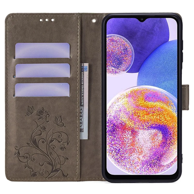 For Samsung Galaxy A23 4G / A23 5G (Global Version) Butterfly Flower Case PU Leather Phone Cover - Grey