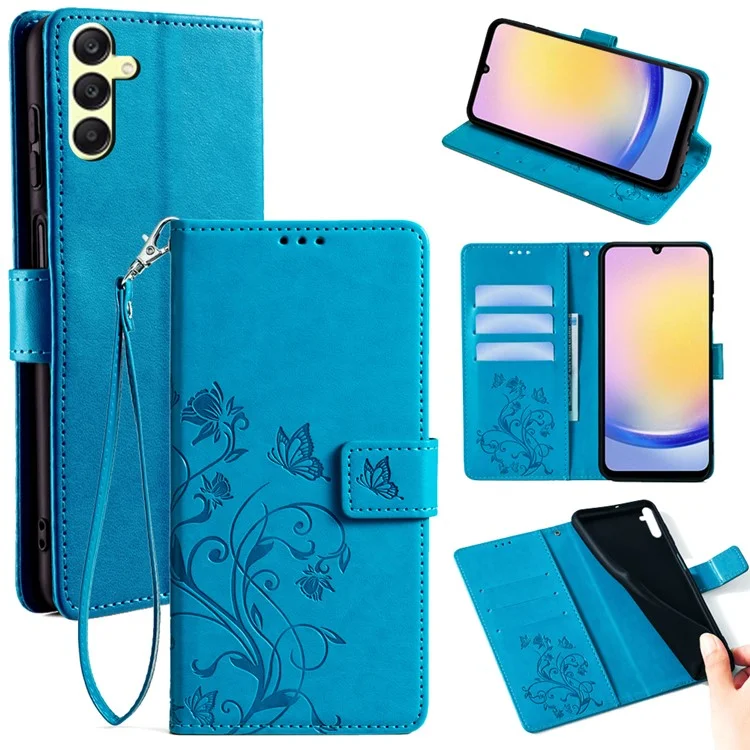 Per Samsung Galaxy A25 5G (Global) (161.0 x 76.5 x 8.3mm) Custodia Fiore Farfalla PU Leather Phone Folio Cover - Blu