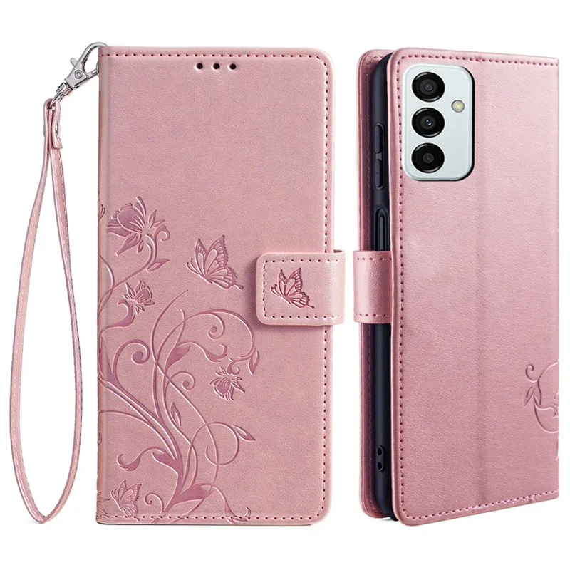 Pour Samsung Galaxy M23 5G / F23 5G Étui Papillon Fleur PU Cuir Support Housse Téléphone - Rose Gold