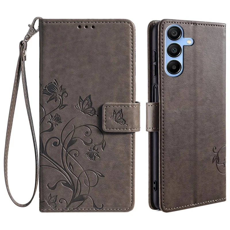 For Samsung Galaxy A15 4G / 5G Case Butterfly Flower Full Protection PU Leather Phone Cover - Grey