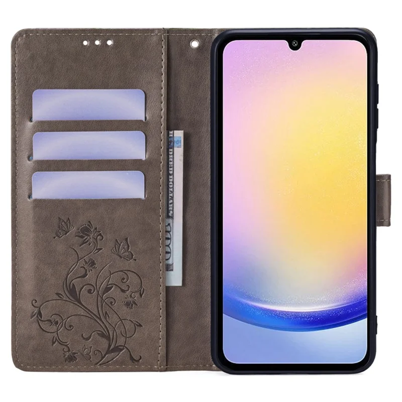 For Samsung Galaxy A15 4G / 5G Case Butterfly Flower Full Protection PU Leather Phone Cover - Grey