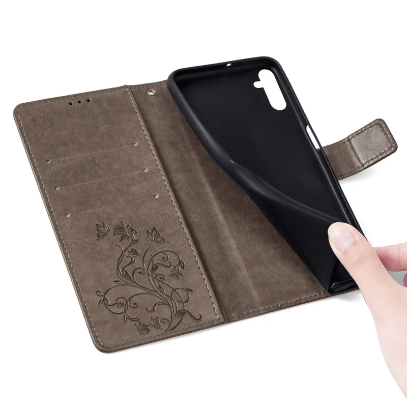 For Samsung Galaxy A15 4G / 5G Case Butterfly Flower Full Protection PU Leather Phone Cover - Grey