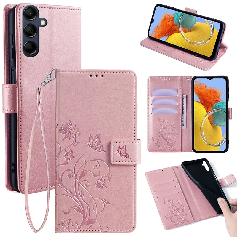 Para Samsung Galaxy M14 5G Funda de teléfono Caso de mariposa Flor Impreso Cubierta de cuero plegable con correa de muñeca - Oro rosa