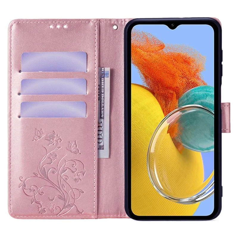 Para Samsung Galaxy M14 5G Funda de teléfono Caso de mariposa Flor Impreso Cubierta de cuero plegable con correa de muñeca - Oro rosa