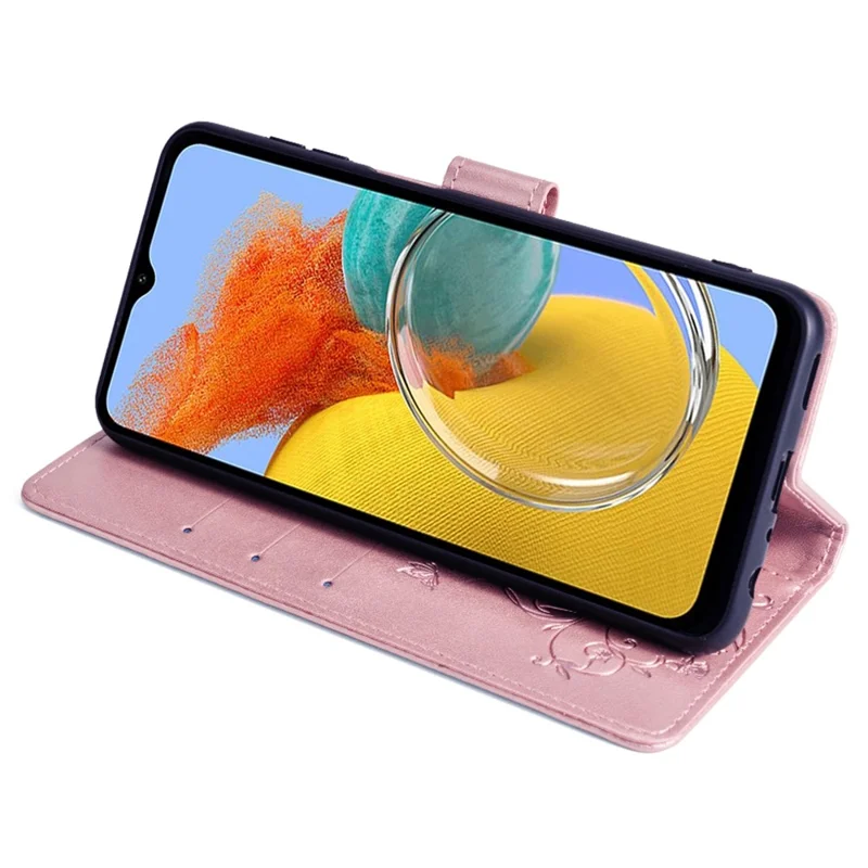Para Samsung Galaxy M14 5G Funda de teléfono Caso de mariposa Flor Impreso Cubierta de cuero plegable con correa de muñeca - Oro rosa