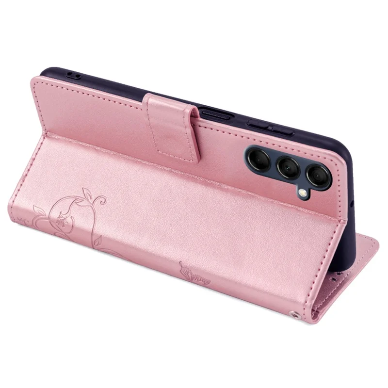 Para Samsung Galaxy M14 5G Funda de teléfono Caso de mariposa Flor Impreso Cubierta de cuero plegable con correa de muñeca - Oro rosa