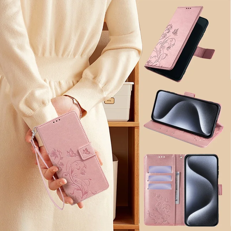 Para Samsung Galaxy M14 5G Funda de teléfono Caso de mariposa Flor Impreso Cubierta de cuero plegable con correa de muñeca - Oro rosa