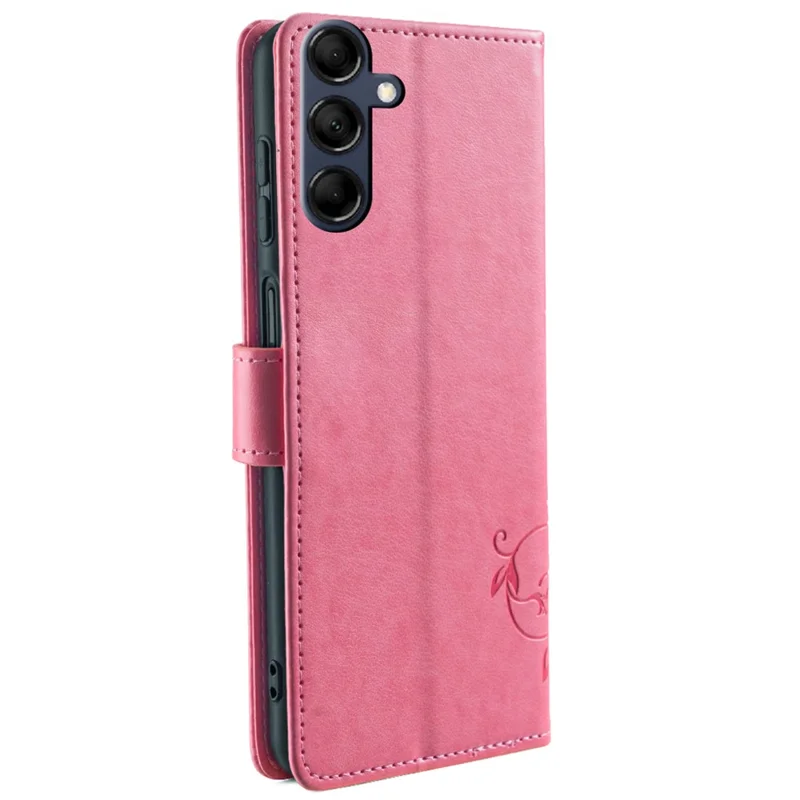 For Samsung Galaxy M14 5G Phone Case Butterfly Flower Imprinted Leather Flip Cover with Wrist Strap - Pink