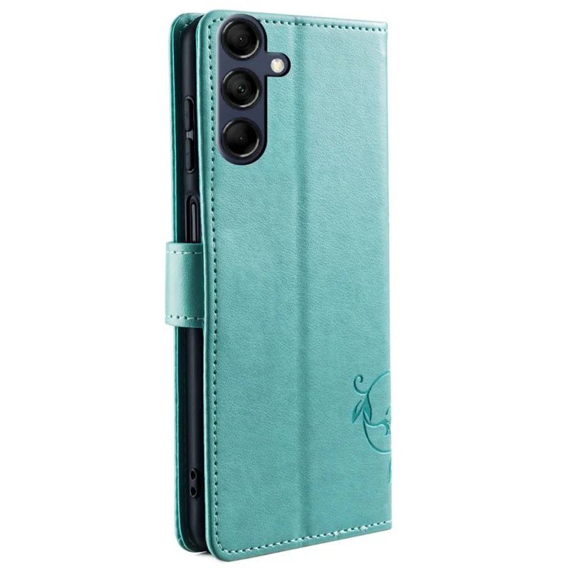 For Samsung Galaxy M14 5G Phone Case Butterfly Flower Imprinted Leather Flip Cover with Wrist Strap - Green