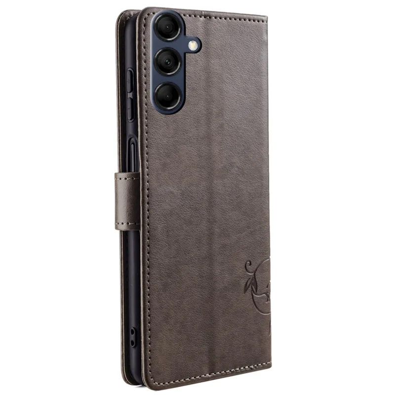 For Samsung Galaxy M14 5G Phone Case Butterfly Flower Imprinted Leather Flip Cover with Wrist Strap - Grey