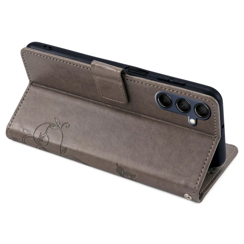 For Samsung Galaxy M14 5G Phone Case Butterfly Flower Imprinted Leather Flip Cover with Wrist Strap - Grey
